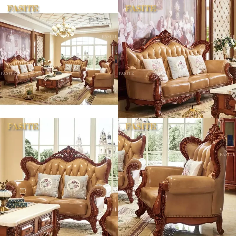 For French Luxury Living Room Genuine Leather Cushion Couch Classic Carved Wooden 1 2 3 Sectional Sofa Home Hotel Villa