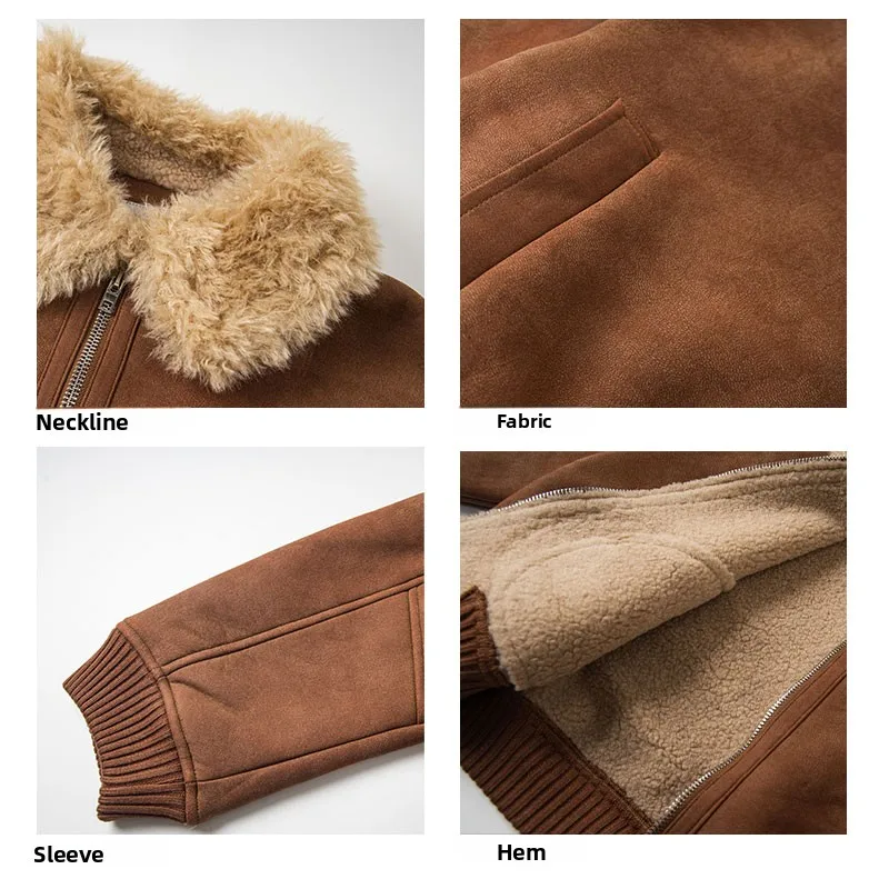 Kurtka zamszowa dla par, bawełniana, luźna, ciepła odzież wierzchnia na zimę, młodzieżowa moda, styl amerykański casual, bez kaptura, zapinana na zamek.