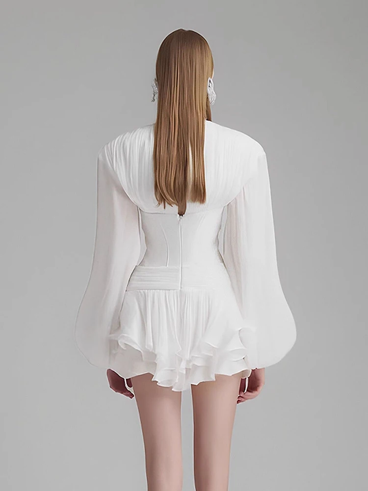 Alta qualidade flor folha de lótus borda vestidos primavera feminino mangas compridas decote em v vestido com zíper outono cintura alta em camadas mini vestido