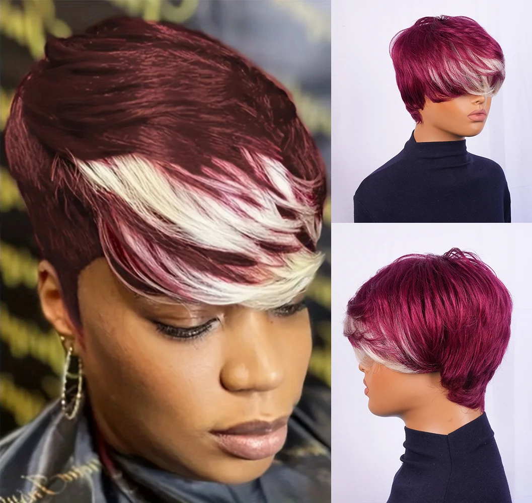 99j/613 شعر مستعار قصير ملون 100% شعر بشري للنساء شعر مستعار بطبقات مع الانفجارات شعر ريمي آلة كاملة للارتداء اليومي #1