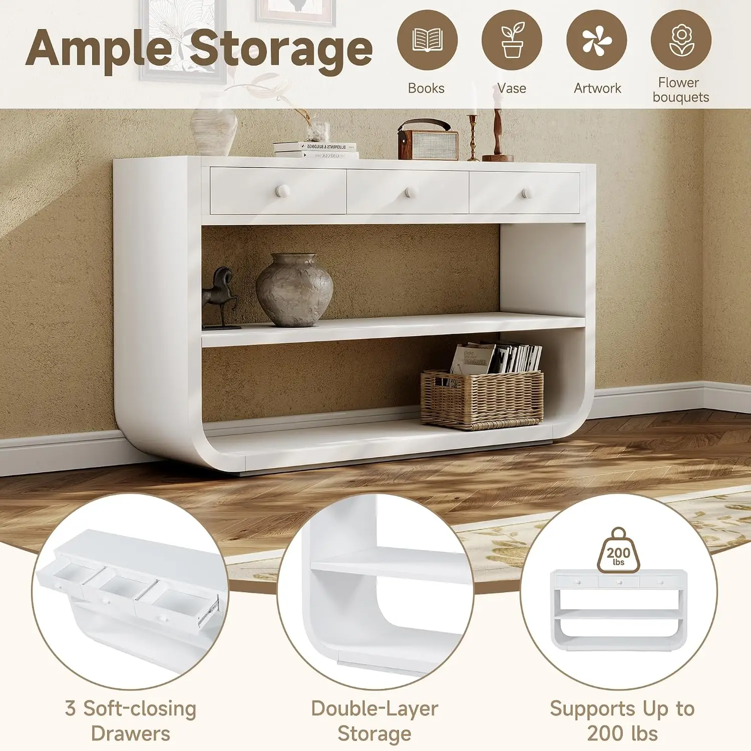 55" Curved Console Table with 3 Soft-Close Drawers & 2 Shelves,Solid Wood Base,Entryway Table for Living Room Hallway,Customized view 4
