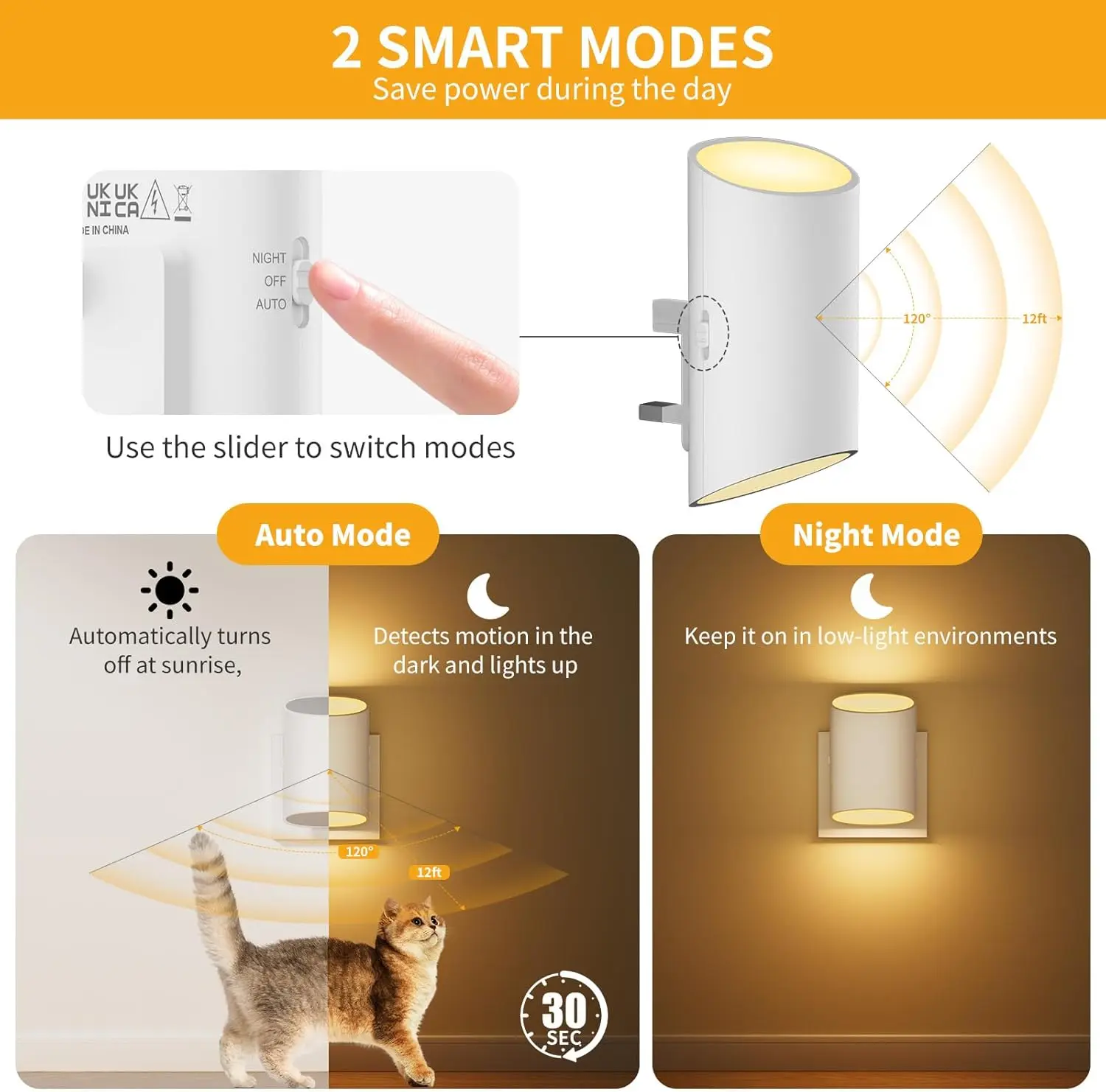 1/2pcs 3000K Warm White Night Light Motion Sensor Dusk to Dawn Sensor 7 Levels Brightness 100LM Night Light for  Room Stairway