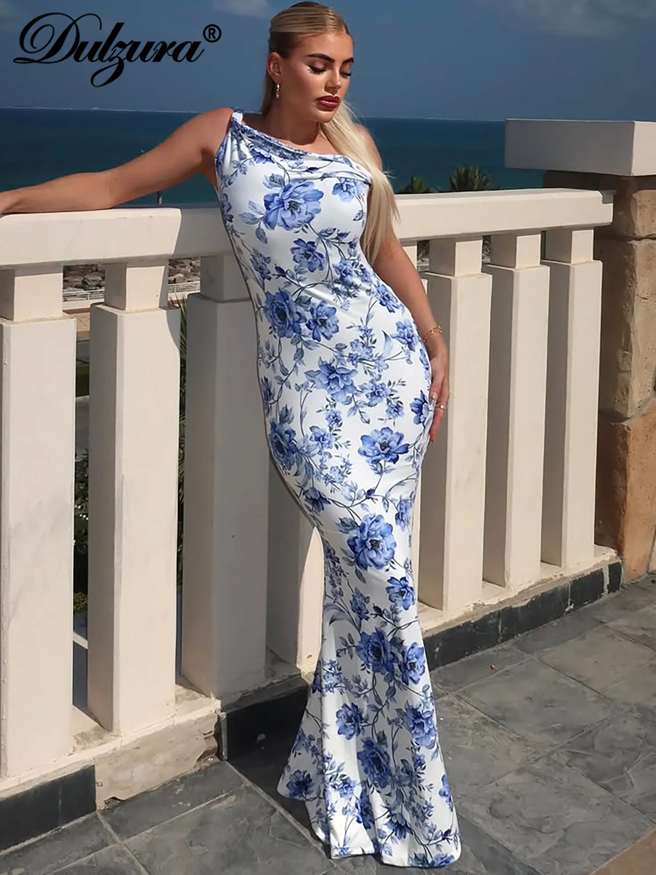 Dulzura Schräge Schulter, ärmellos, rückenfrei, figurbetont, Blumendruck, langes Kleid, sexy, elegantes Freizeitkleid, Party, Club, Sommer-Outfit