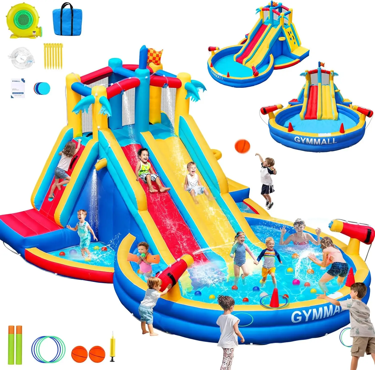 Casa inflable de rebote con tobogán acuático con soplador de 550 W, castillo inflable de parque de tobogán acuático 8 en 1 para niños al aire libre e interior,