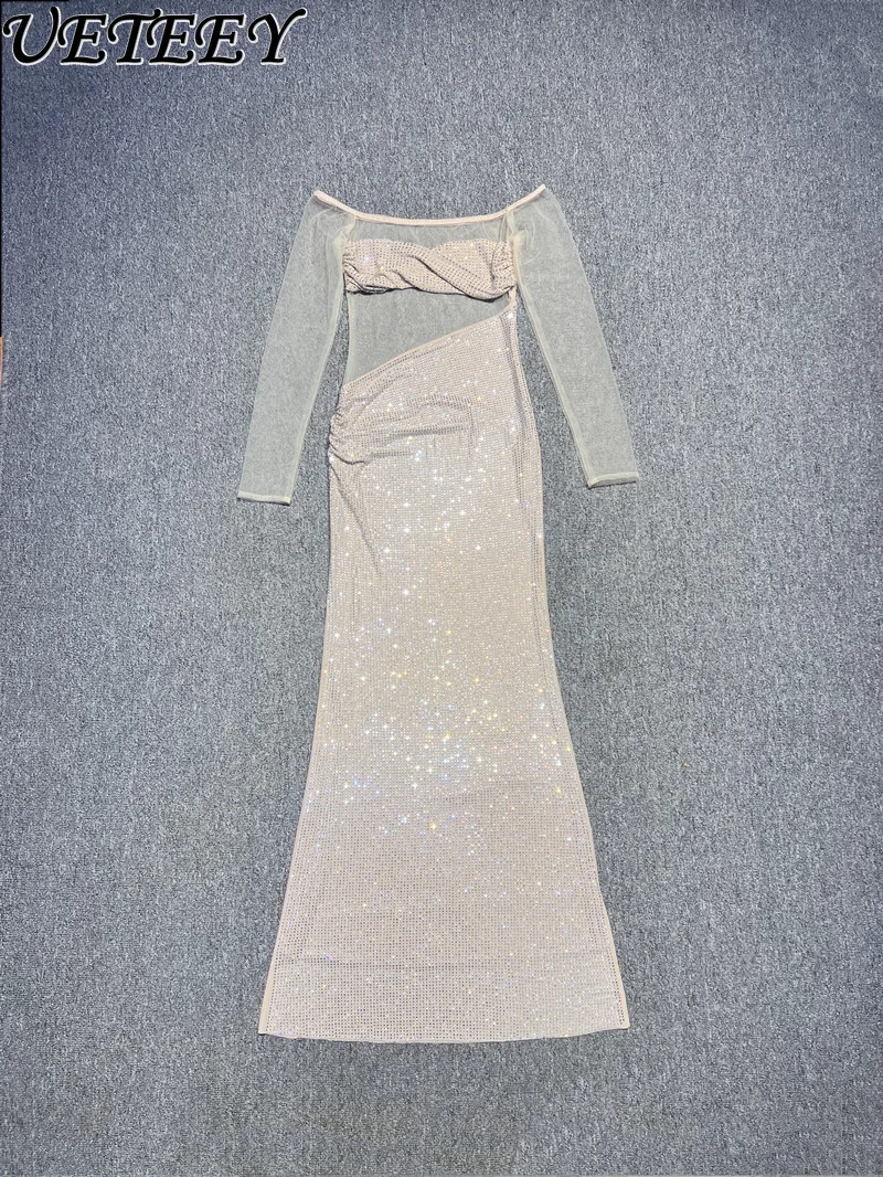 Boutique Fashion Hot Diamond Sexy Off-Schulter Langarm Abendkleid Temperament Hohl Schlank Lange Fischschwanz Party Kleider
