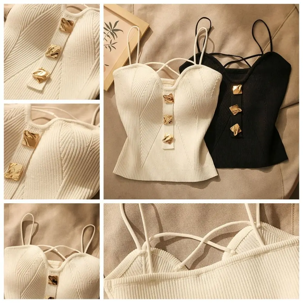 French Style Women's Knitted Tops Cross-knit Spaghetti Strap Knitting Camisole Vest White Black Sleeveless Sleeveless T Shirt
