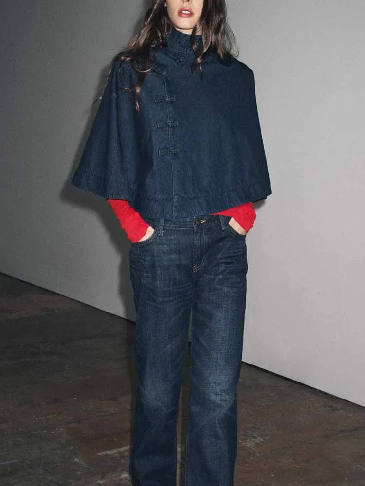 

European and American style autumn new arrivals fashionable women's high-neck loose denim rope knot button cape coat