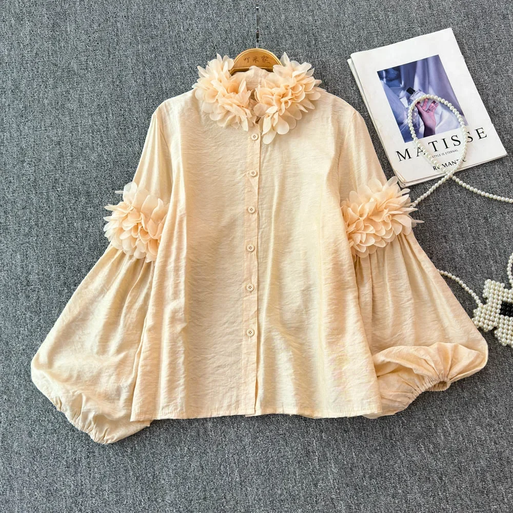 Vintage Ruffle Chic Single Breasted Basics Long Lantern Sleeve Top Women Korean Ins Streetwear High Street Spring Autumn Blouse