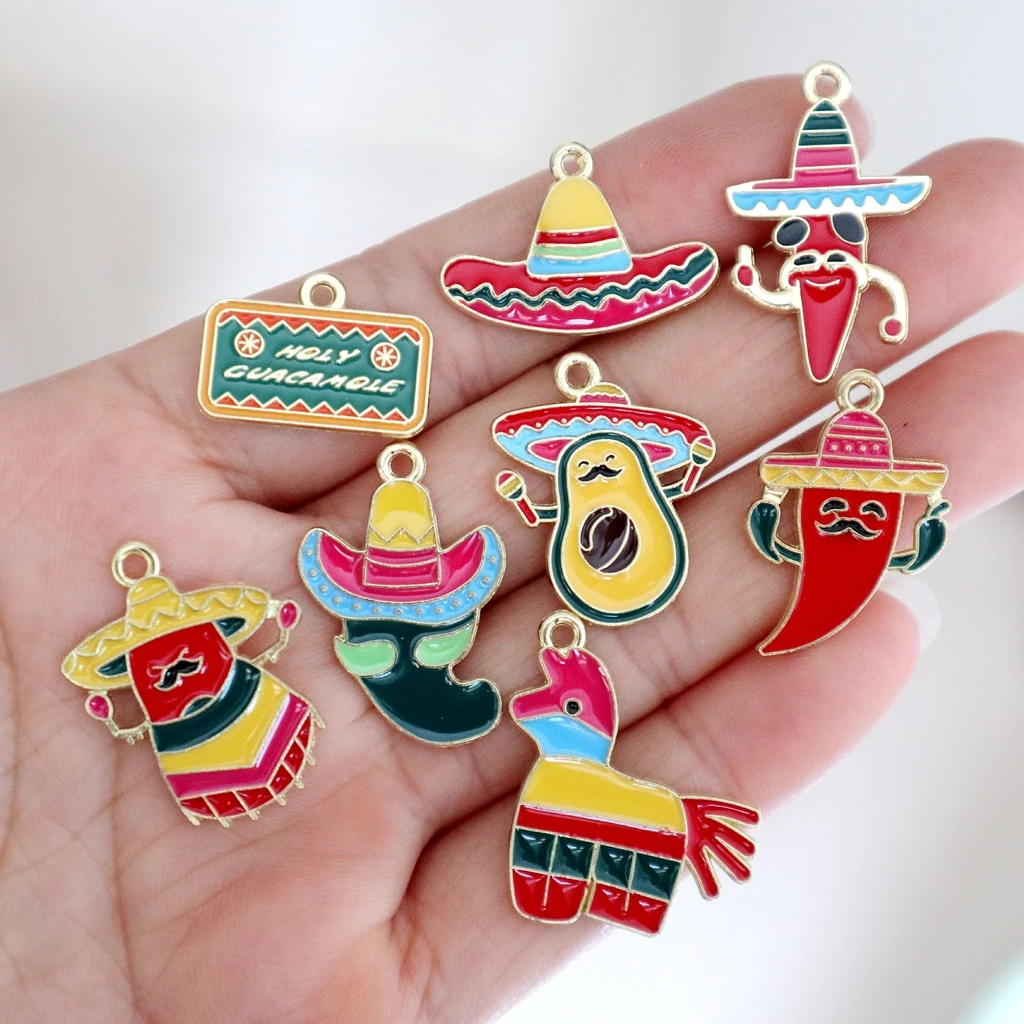 10PCS Vibrant Mexican Pepper Sombrero Alloy Enamel Charms Trendy Metal Pendant DIY Necklace Bracelet Jewelry Making Accessory