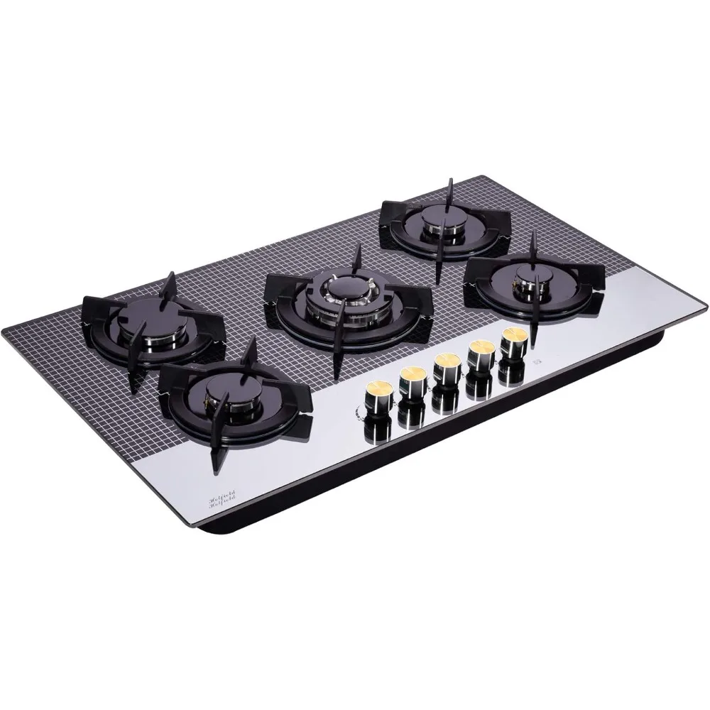 Estufa de Gas de 30 pulgadas de vidrio templado, estufa de 5 quemadores, placa de Gas de combustible doble NG/GLP, estufa de Gas Convertible, HF5178-01 de vidrio templado