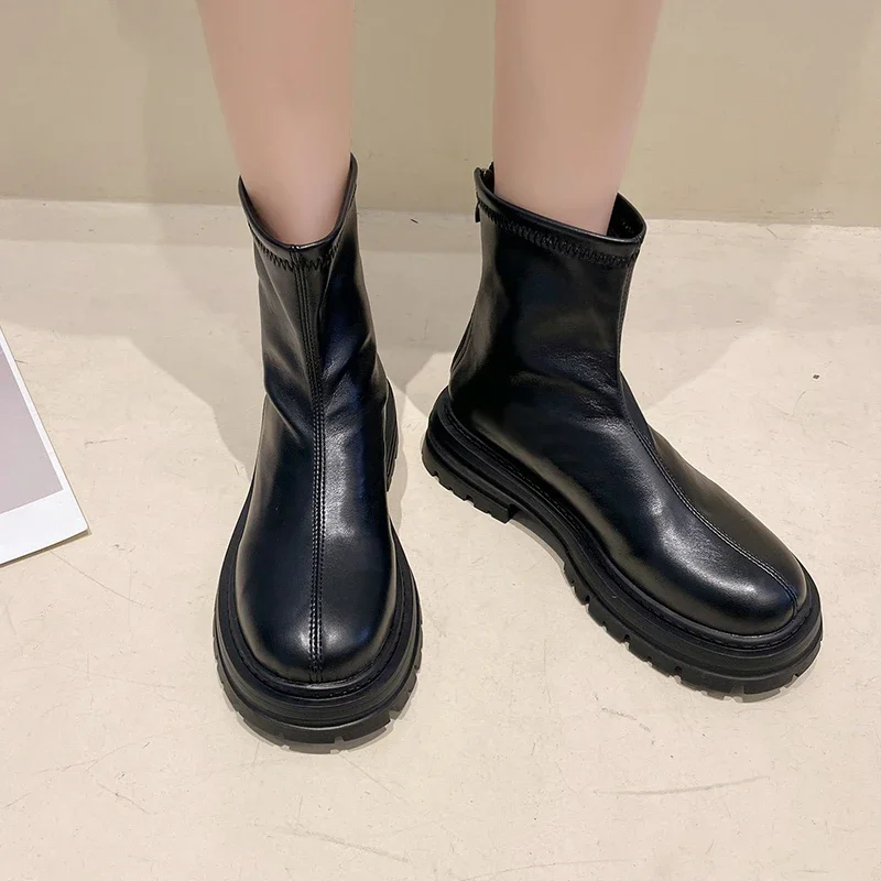 Autumn Chunky Women Chelsea Boots Fashion Back Zippers Thick Heel Short Booties Retro Style Street Style Female Shoes