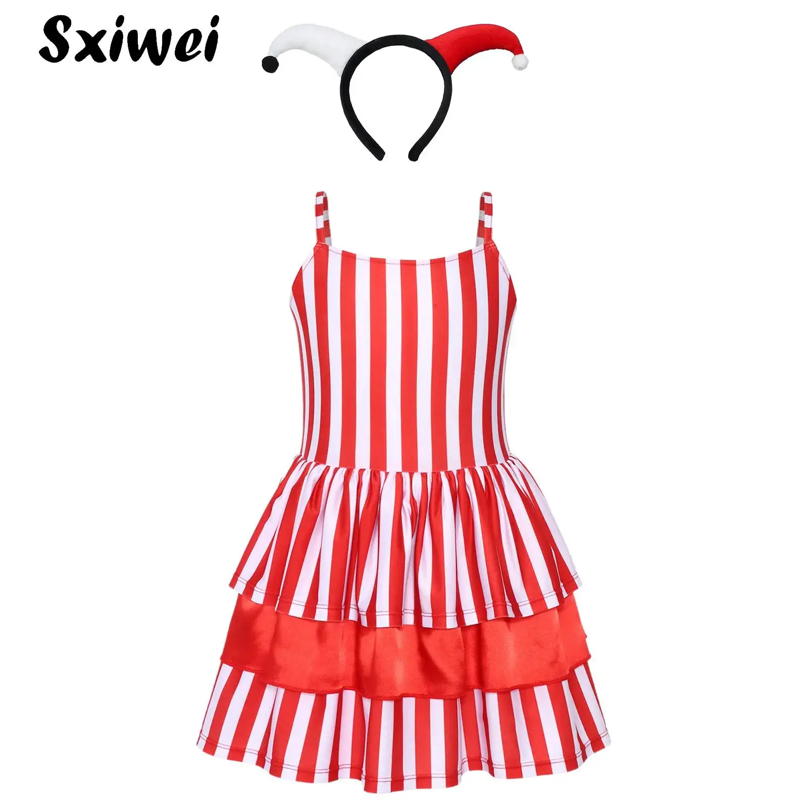 

Striped Circus Clown Costume for Girls Funny Joker Halloween Tutu Dress Kids Rave Carnival Party Dance Leotard Performance Set