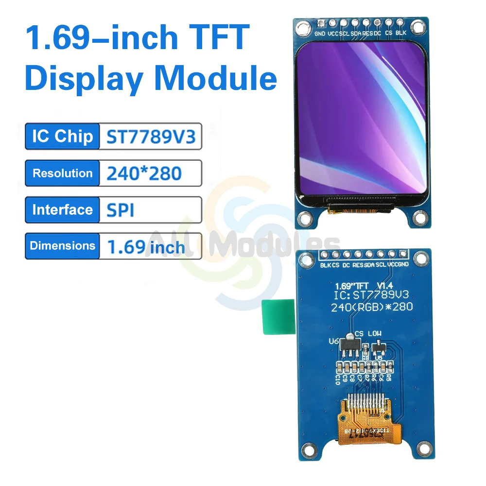 وحدة شاشة TFT LCD مقاس 1.69 بوصة ST7789V3 SPI واجهة تصميم زاوية مستديرة رفيع للغاية بدقة 240 × 280 شاشة ملونة