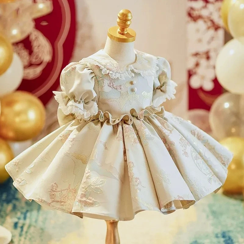 Robe en dentelle moelleuse pour bébé fille, robe de baptême pour bébé, costume de mariage à fleurs, vêtements à manches courtes pour enfants, vêtements éducatifs pour tout-petits, anniversaire