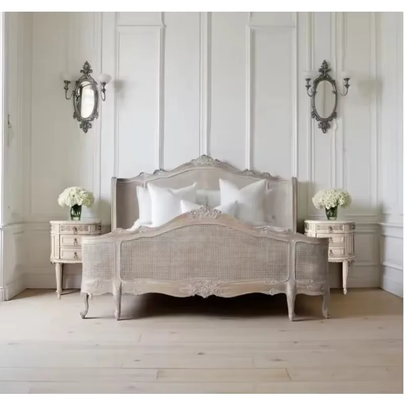 High Quality French Antiqued Carved Wooden Queen King Size Wicker Beds Frame
