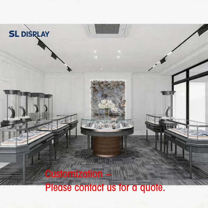 custom.Luxury Jewelry Shop Round Jewelry Display Counter Interior Design Corner showcase Island Kiosk Led Display C