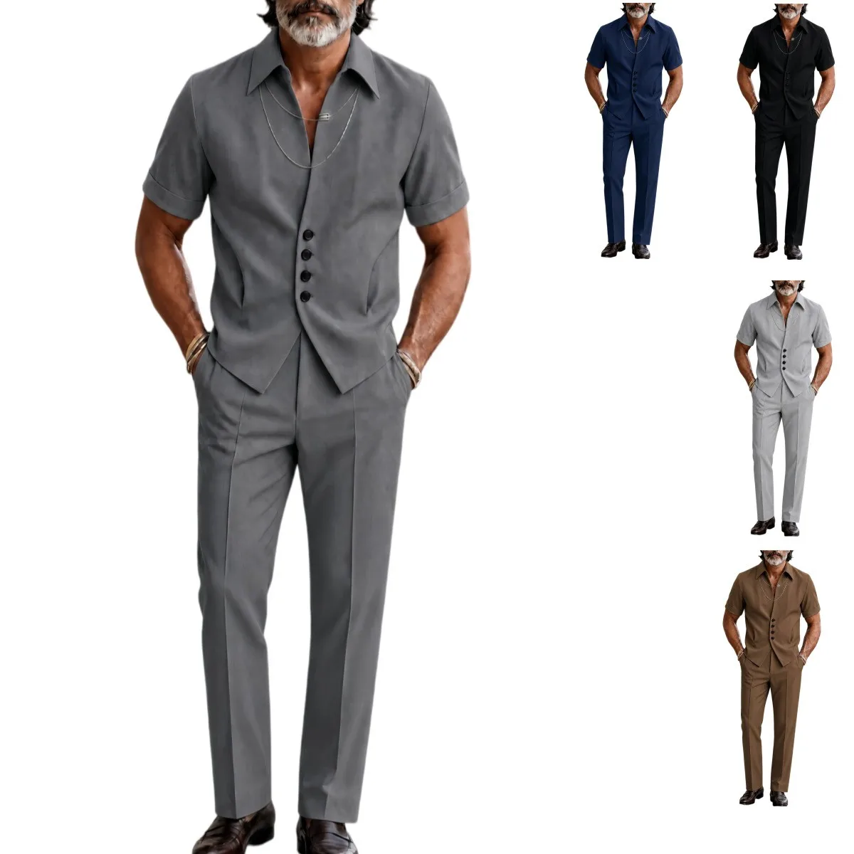 Men Old Money Style Business Casual Suit Summer Short Sleeve Shirt Long Pants Gentleman Daily Office Two Piece Matching Outfit