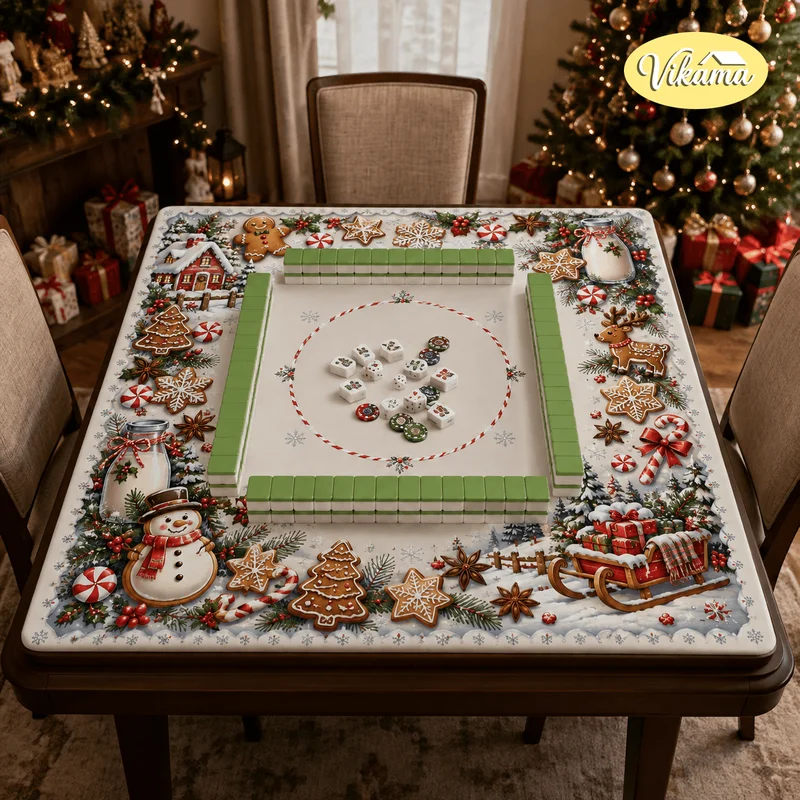 VIKAMA Gingerbread Man Christmas Mahjong Mat Cookie Candy Cane Reindeer Sleigh Anti Slip Table Cover for Xmas Game Night Gift