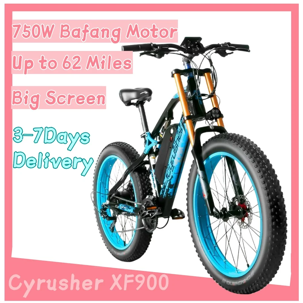 

Cyrusher XF900 All-Terrain E-Bicycle 750W Bafang Motor with 48v20ah Lithium Battery Full Suspension Max Range Up to 62 Miles