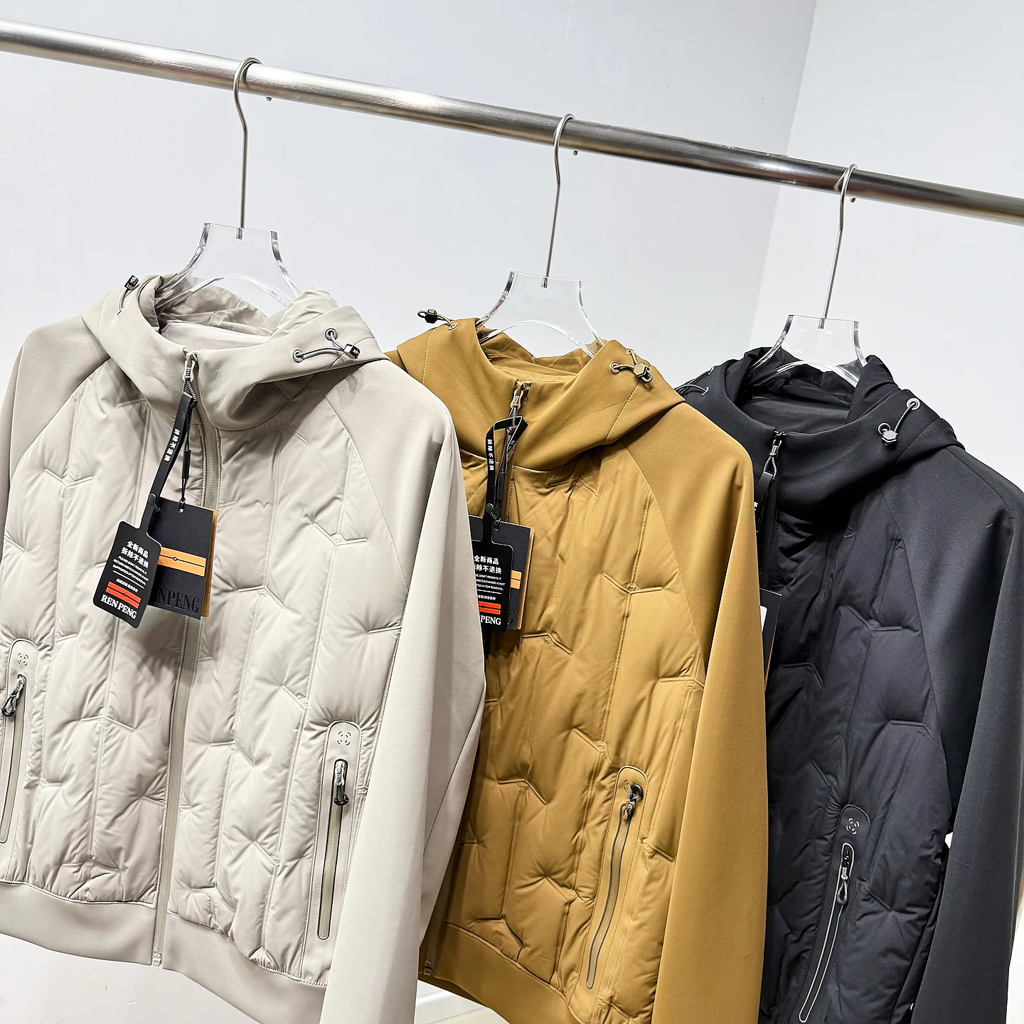 

New American Sle Color Splicing Lightweight Warm Hooded down Jaet Men's Autumn Winter 90 Du down Loose Casual Out...