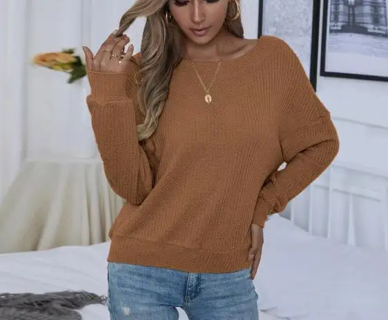 

2025 Autumn and Winter Women's Loose Casual Sexy Backless Pullover Long Sleeved Waffle Women's T-Shirt