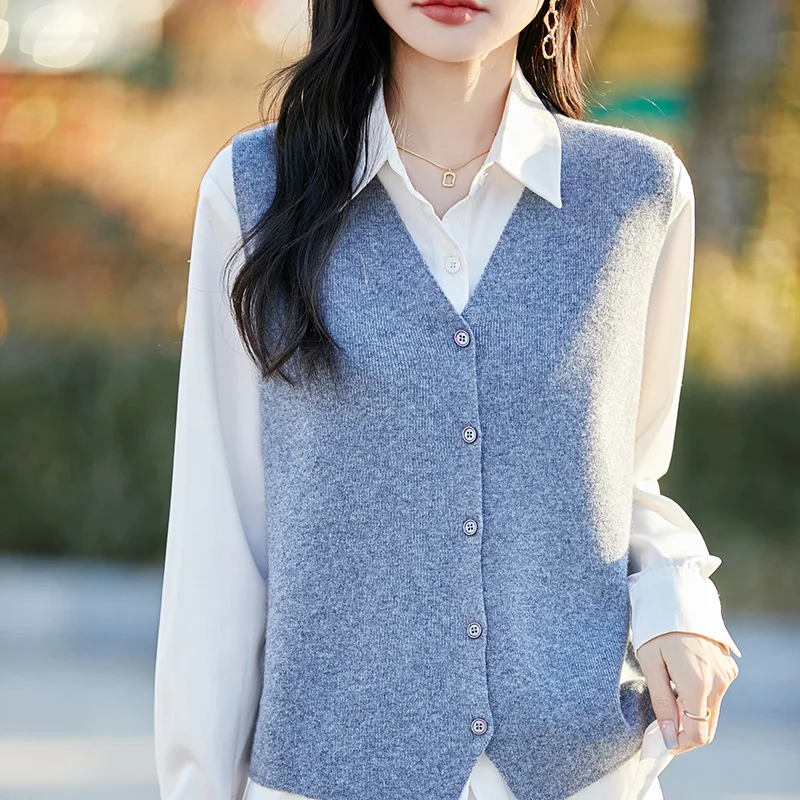 

100%Pure Wool Vest Knitted Waistcoat Ladies Cardigan 2025 New Loose Jacket Waistcoat Joker Solid Color V-Neck Sleeveless Sweater