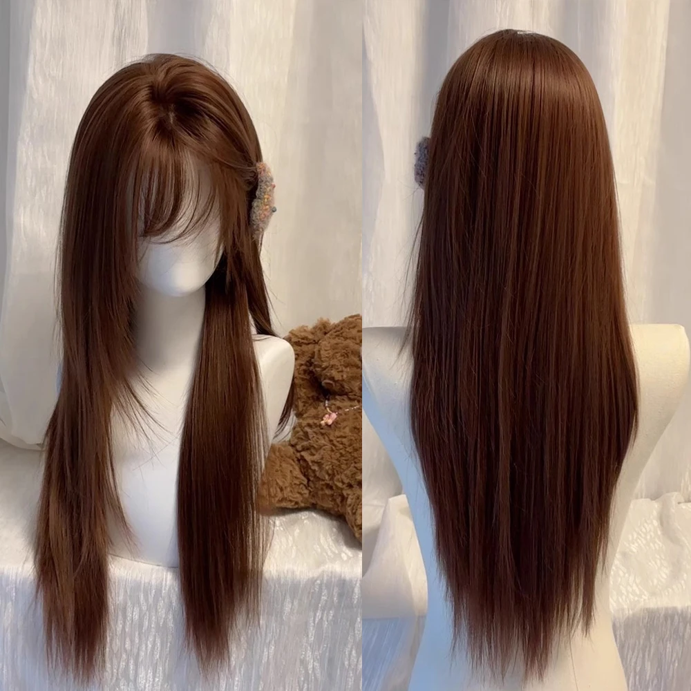 

Коричневый женский длинный прямой синтетический парик с челкой, пушистый термостойкий парик Лолиты для косплея для повседневной вечеринки