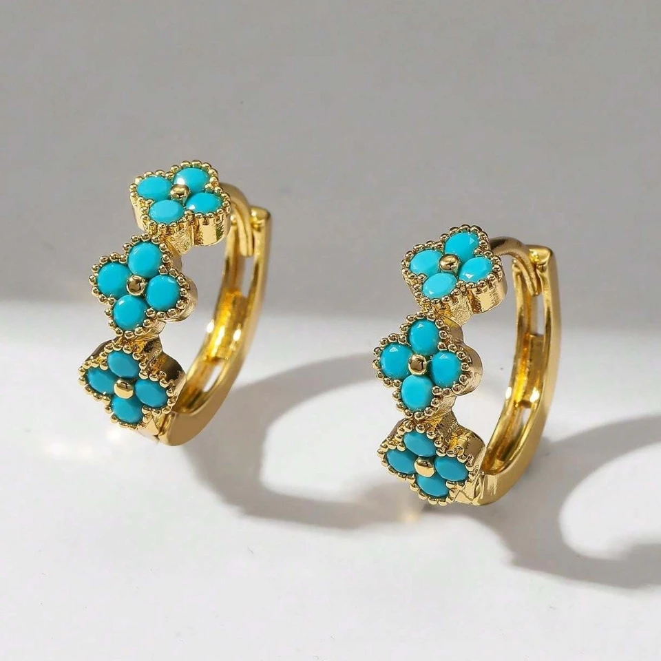

Uilz Vintage Turquoise Design Earrings Colored Cubic Zirconia Flower Stud Earring Fashion Women's Jewelry Gifts