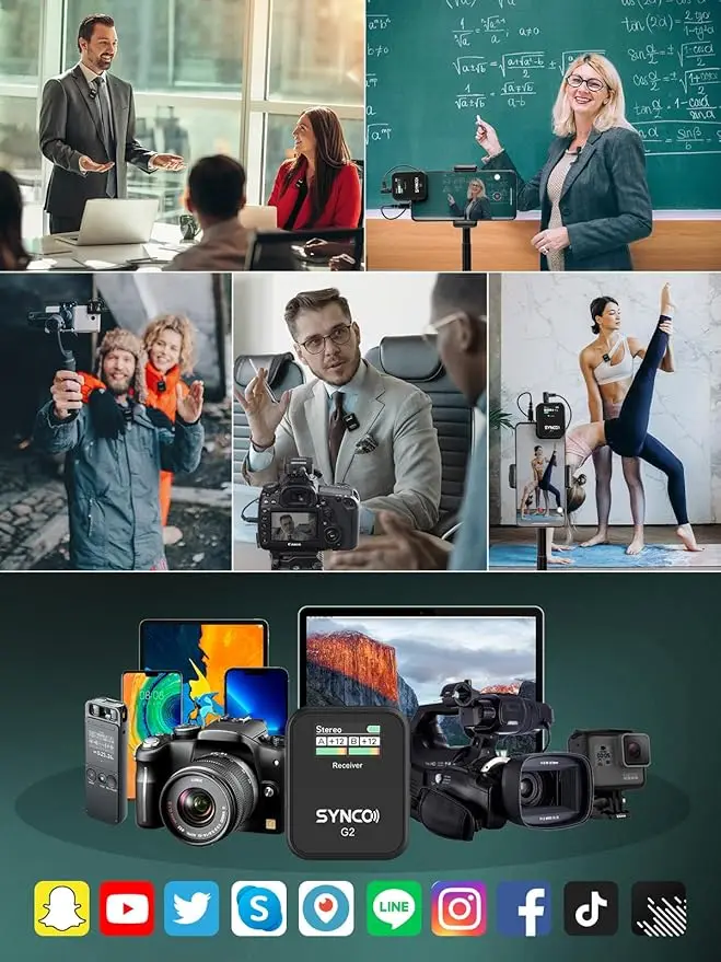 SYNCO Microfono lavalier wireless, G2(A2) 2.4G Doppio trasmettitore 48KHz 24Bit Microfono da bavero 656FT 8H per Vlog di classe online