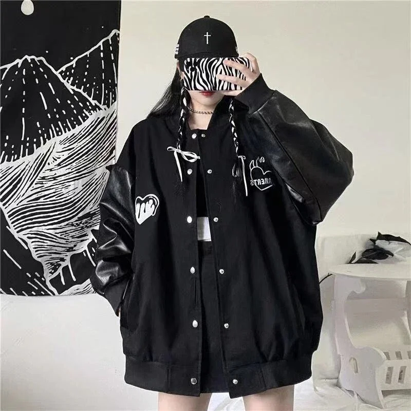 MEXZT-abrigo negro Harajuku para mujer, chaquetas Bomber de retales, ropa de calle Bf, chaqueta de béisbol informal de gran tamaño con estampado de