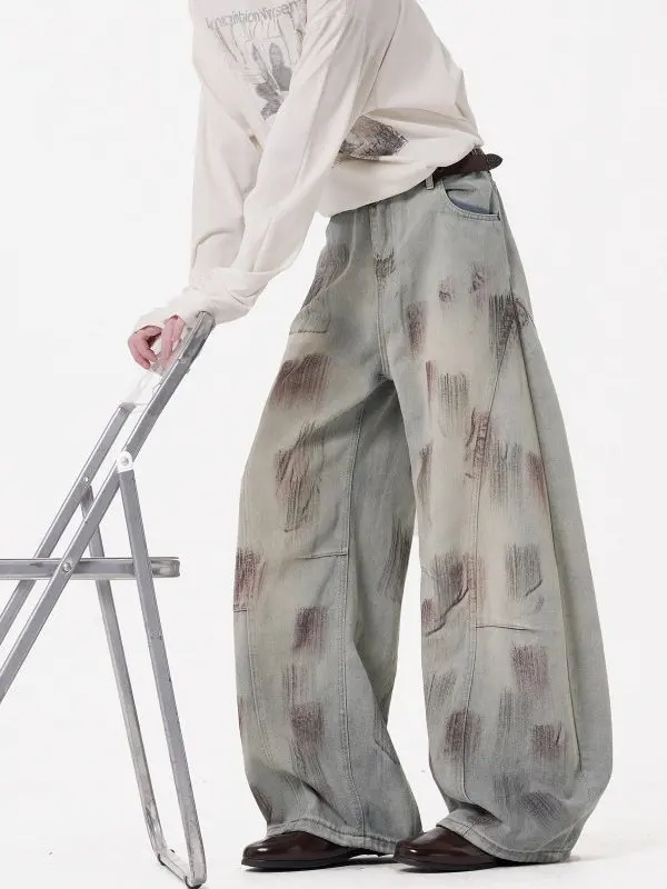 

TANGZ Studio American Retro Wasteland Sle Dir Dyed Knife Jeans Loose Wide Leg Scythe Pants Youth Faion Cotton Blend