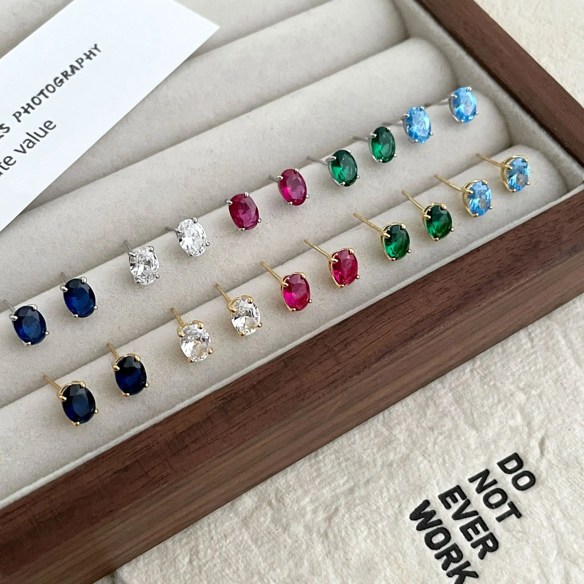 Genuine 925 Sterling Silver Oval Zircon Stud Earrings, Dainty Colorful Gemstone Earrings, Elegant Minimalist Jewelry for Daily view 3