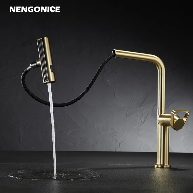 Kitchen hot and cold faucet with brushed gold surface kitchen sink faucet pull-out faucet single hole raindance waterfall type