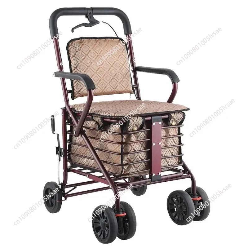 for Elderly Scooter Shopping Cart Foldable Pushable Walker with Seat Four Wheel Grocery Trolley