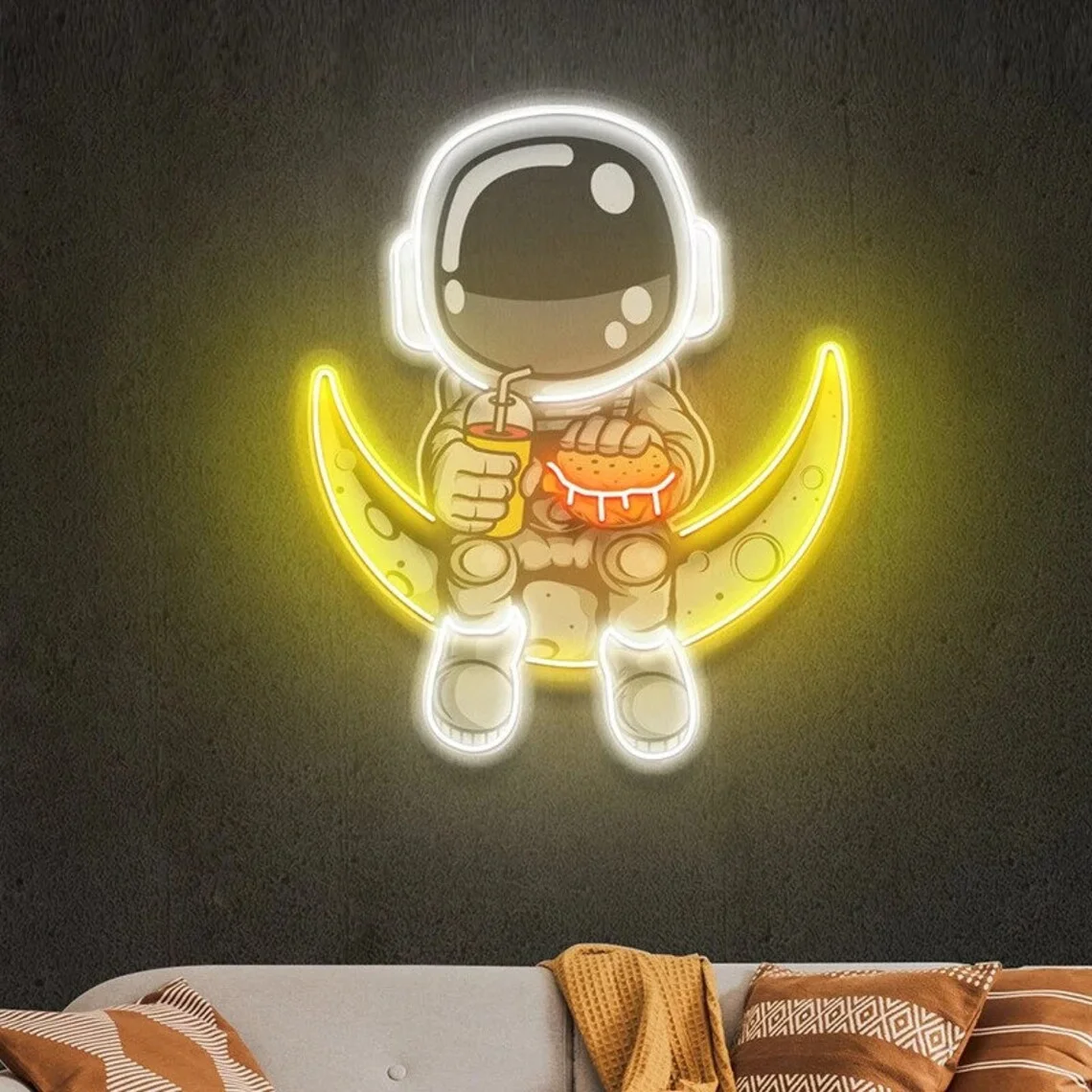 Astronaut Eating Hamburger Neon Sign Acrylic Pop Art Handmade Custom Neon Signs for Living Room Bedroom Wall Decor Neon