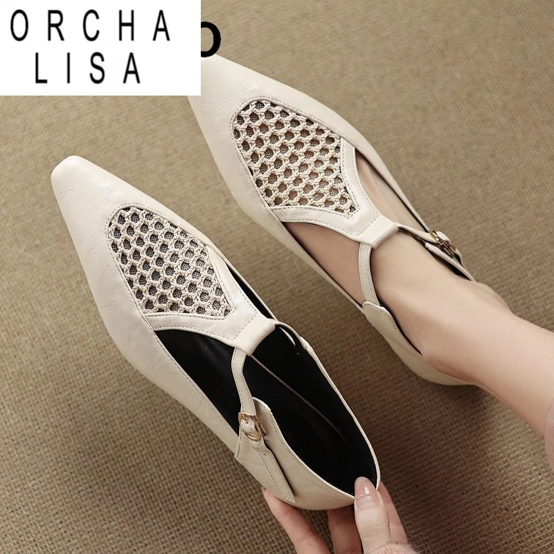 

ORCHA LISA, новый дизайн, женские сандалии на плоской подошве с квадратным носком, пряжкой, Т-образным ремешком, дышащей сеткой, повседневная мягкая повседневная обувь, большие размеры 41 42 43