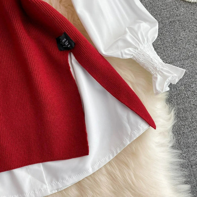 Lantern Sleeves White Shirt Mwomen's Clothing Age-reducing Sweet and Loose Meat-covering Split-ended Vest Sweater Stacked