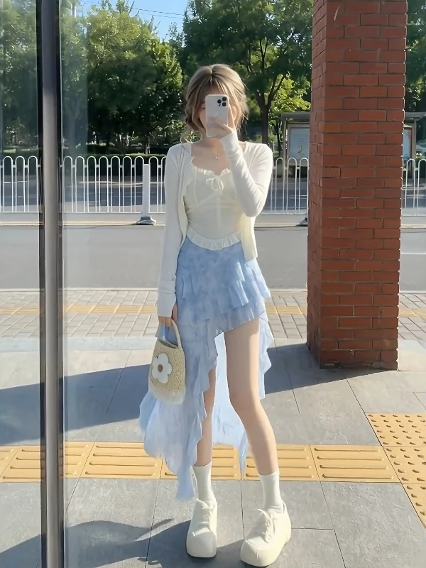 

Elegant Spring New Women's Vacation Set with Open Cardigan Strap Irregular Skirt with Lace Hemline High Waist Short Length