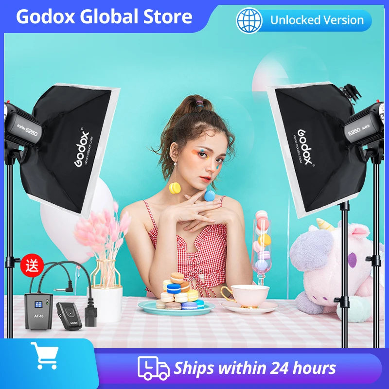 

Комплект вспышек Godox 500 Вт 2x E250 со триггером Godox AT-16 и 2 лампами для моделирования, софтбокс 2x 50x70 см и 2 подставки для освещения