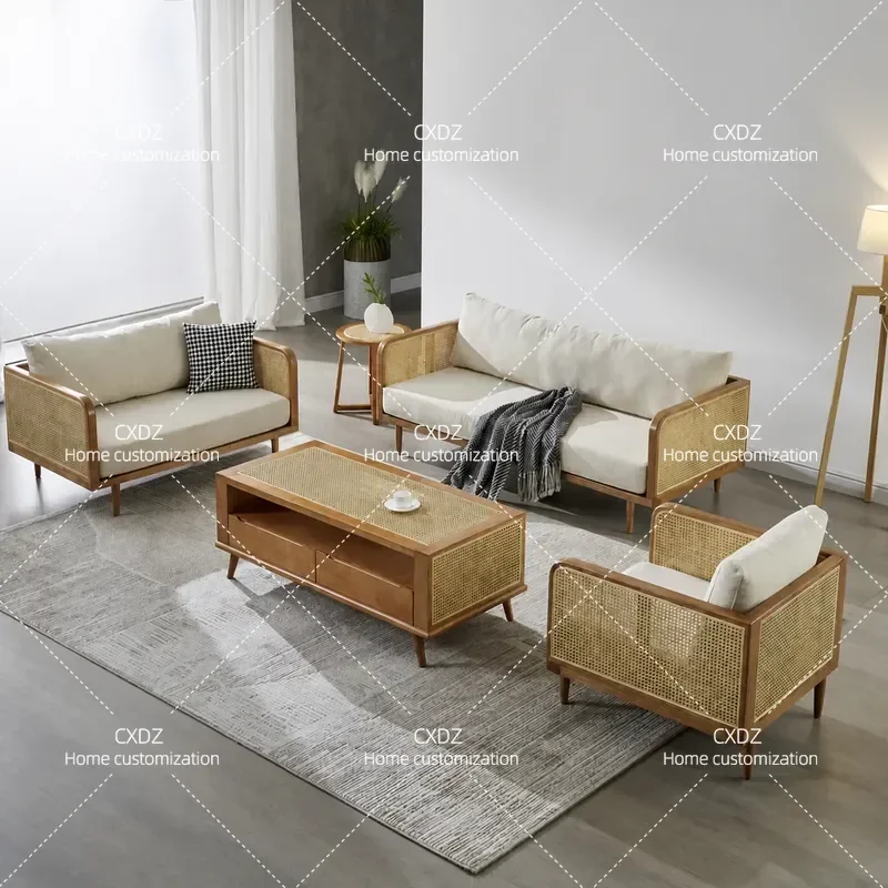 Nordic Rattan Sofa Set Living Room Retro Style Log Frame Double and Three Seater Combination 5 Piece Natural Wicker Furniture