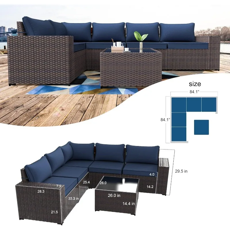 Kullavik 6PCS Outdoor Patio Furniture Set PE Wicker Rattan Sectional Sofa Patio Conversation Sets,Navy Blue