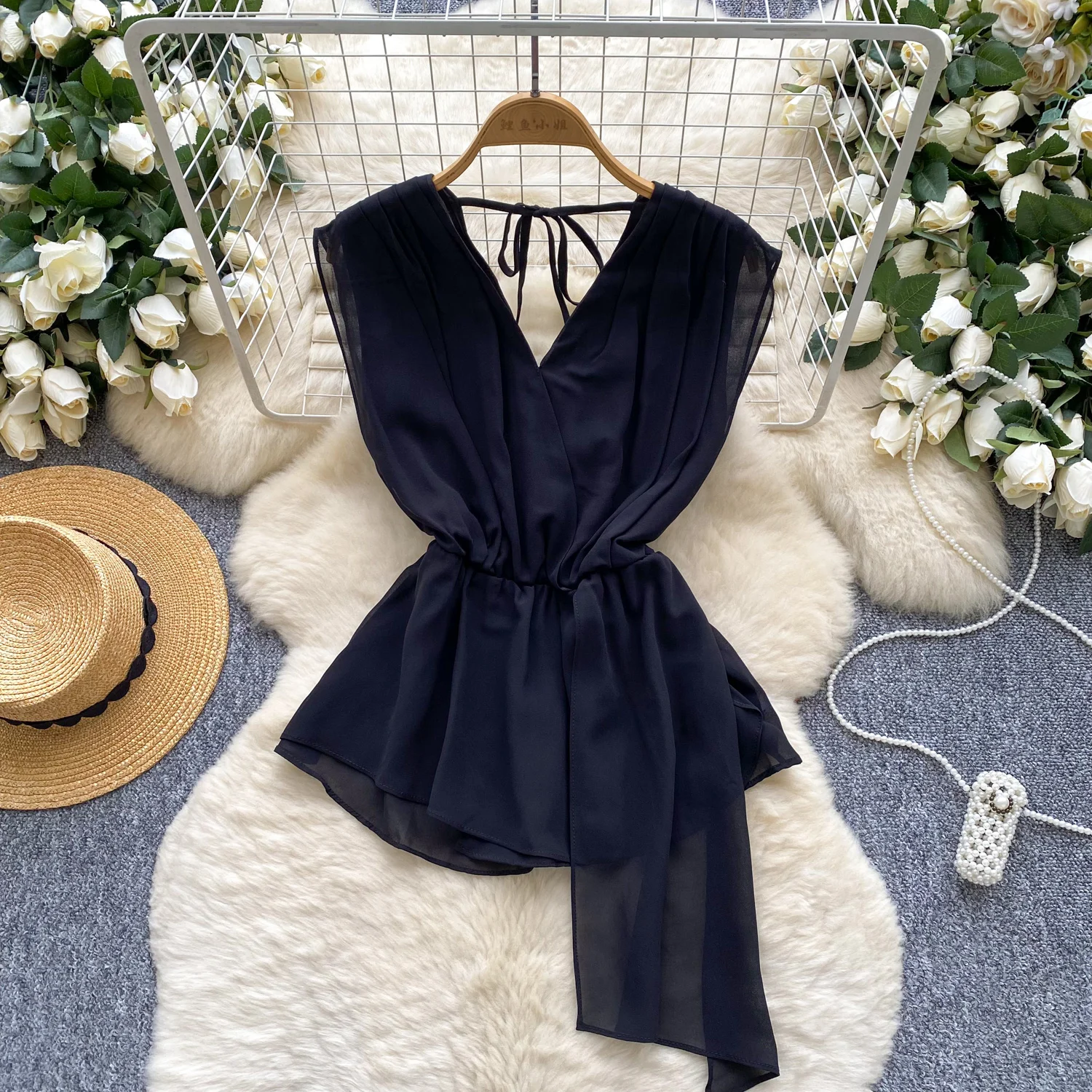 빈티지 블라우스 민소매 폴카 도트 쉬폰 슬림 우아한 패션 섹시한 여성 셔츠 여성 의류