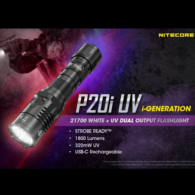 NITECORE P20i UV 1800 lumens dual light source tactical flashlight, equipped with NL2140i battery