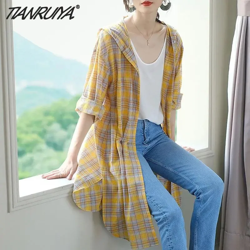 Summer Sun Protection Clothing Hooded Loose Lattice Women Shirt New 2025 Long Sleeves Single-Breasted Mid Length Coat Ladies