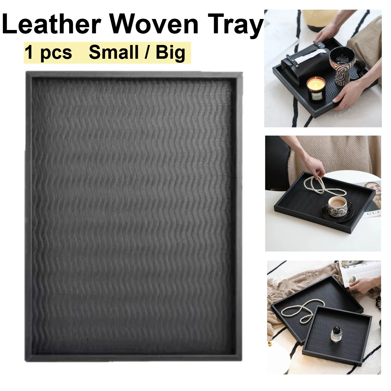 

Small/Big Black Modern Leather Woven Pattern Serving Tray for Serving Accessory, Spa, Party, Seasoning, Perfume and Display Use.