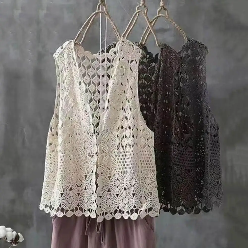 Women Summer Vest Hollow Out Retro Knitted Crochet Tank Top Sleeveless Loose Solid Color Open Stitch Thin Cardigan Waistcoat