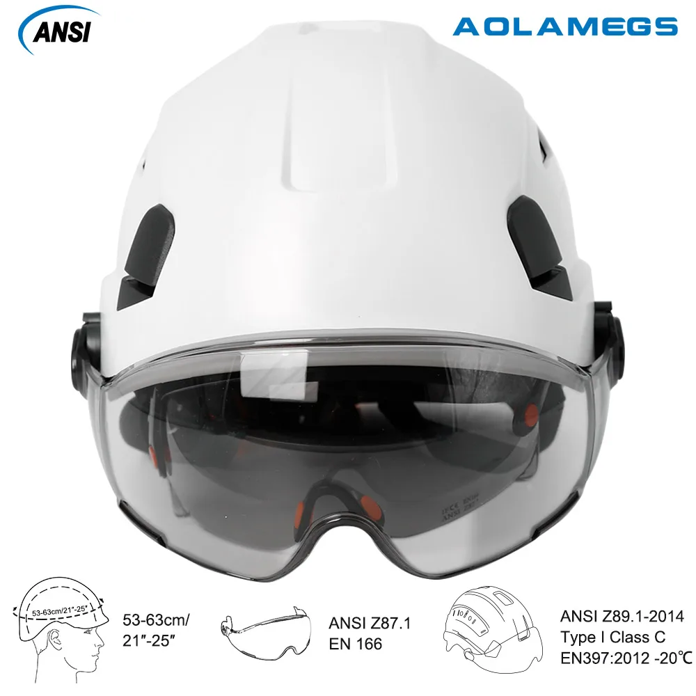 Capacete de segurança de construção ce com viseira, óculos embutidos para engenheiro, capacete abs, boné de trabalho industrial ansi, proteção de cabeça, novo