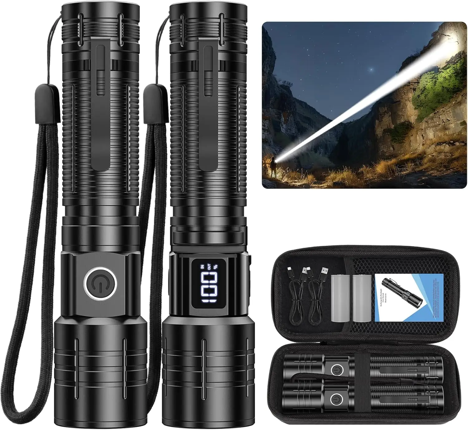 

Rechargeable Tactical Flashlight, 6-Mode Zoomable LED with Power Display, Waterproof for Camping & Emergencies