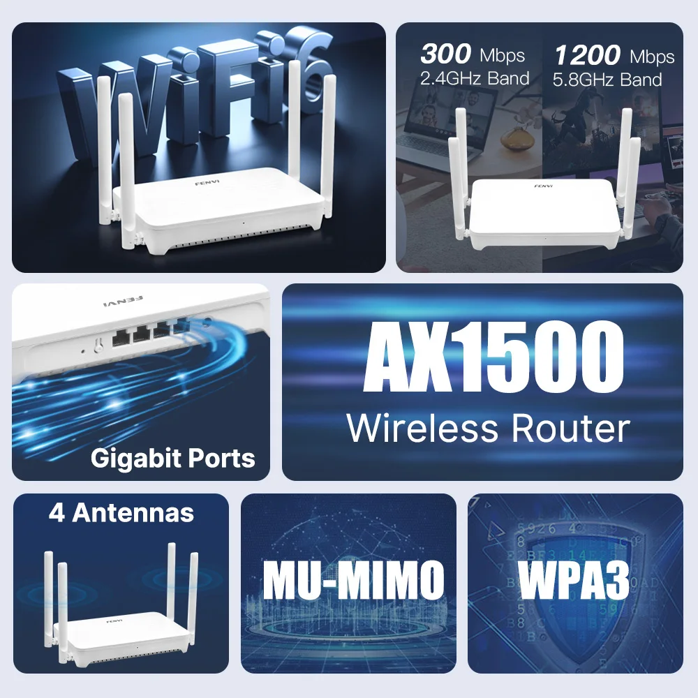 FENVI AX1500 Wi-Fi 6 Router Dual Band Gigabit Ports 4 Antennas Mesh Support Strong Signal Smart Router with EU/US Plug for Home