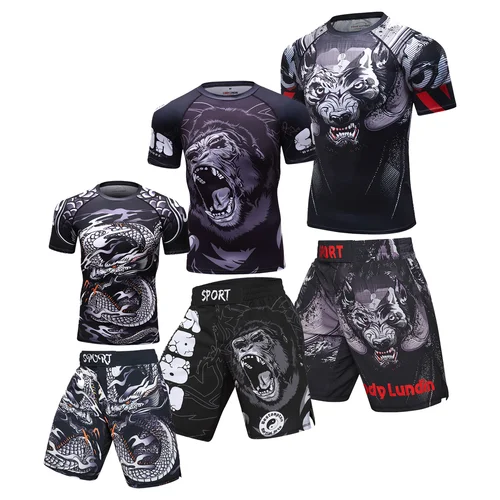 Imagen 2 del producto Traje deportivo de 2 uds., Bjj Jiu jitsu gi Rashguard + pantalones cortos MMA, pantalones de Muay Thai, ropa de boxeo fresca, ropa para gimnasio, Fitness y correr